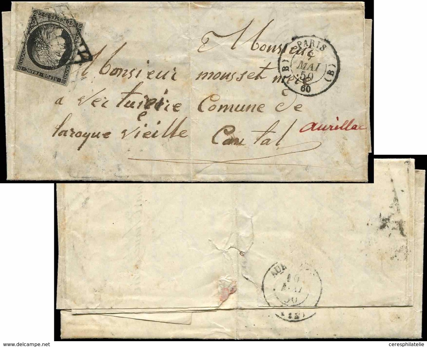 Let LETTRES DE PARIS - N°3a Obl. GRILLE S. LAC, Càd T1501 (B) PARIS (B) 7/5/50, Arr. Aurillac, TB - 1849-1876: Periodo Clásico