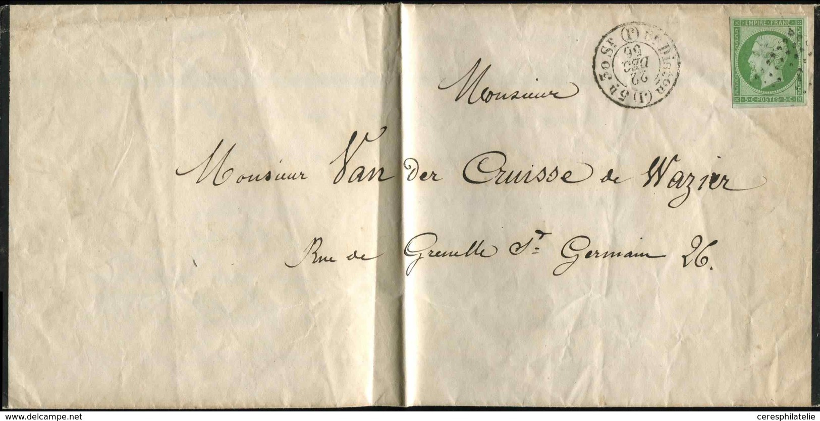 Let LETTRES DE PARIS - N°12 Obl. Los. J Bâton S. Faire-part, Càd T1520 22/12/56, TB - 1849-1876: Periodo Clásico