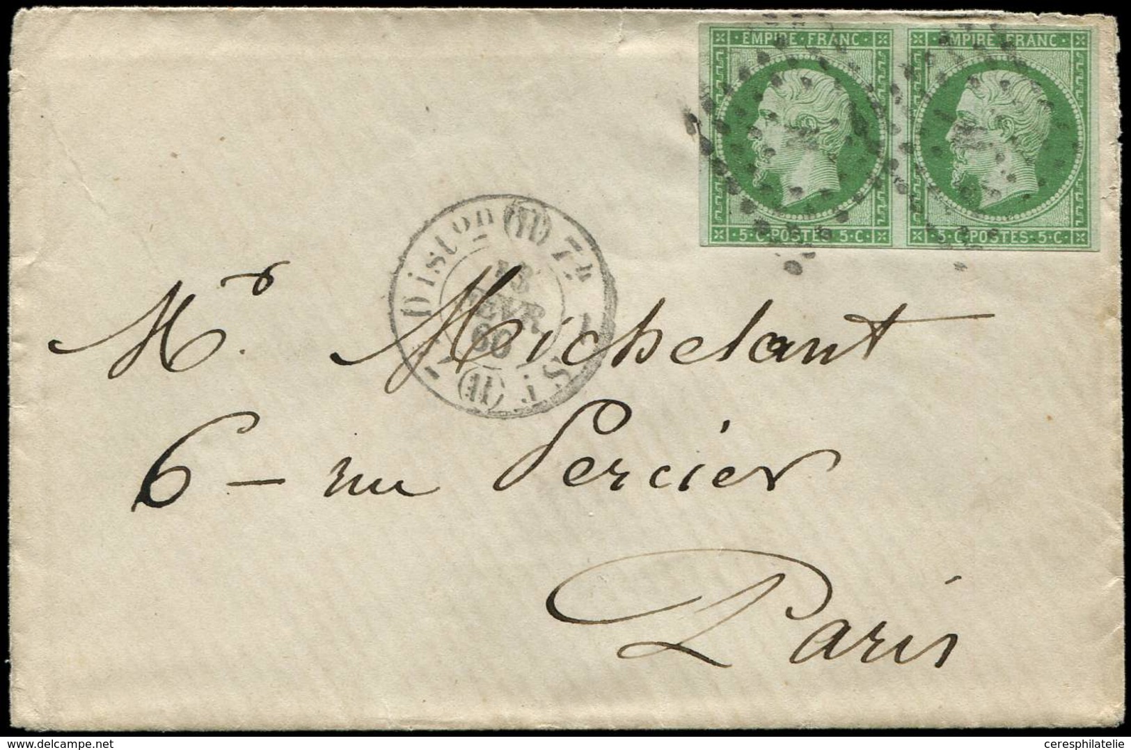 Let LETTRES DE PARIS - N°12 PAIRE Obl. Los. N Bâton S. Env., Càd T1520 13/2/60, TB - 1849-1876: Periodo Classico