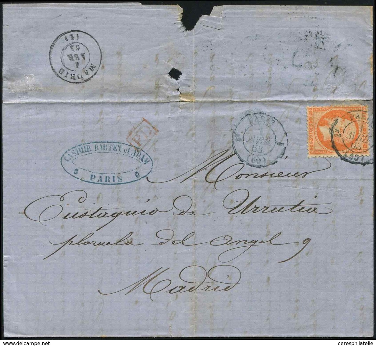 Let LETTRES DE PARIS - N°23 Obl. Càd T1350 3e PARIS 3 1/4/63 Répété à Côté S. LAC, Le Tout En BLEU, Non Signalé Pothion, - 1849-1876: Periodo Clásico