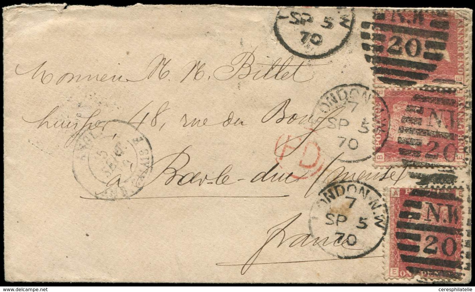 Let Guerre De 1870 -  GB 1p. Rouge Carminé (3) Obl. N.W/20 S. Env., Càd LONDON N.W 5/9/70, Arr. BAR Le DUC 28/3/71, TB - Oorlog 1870