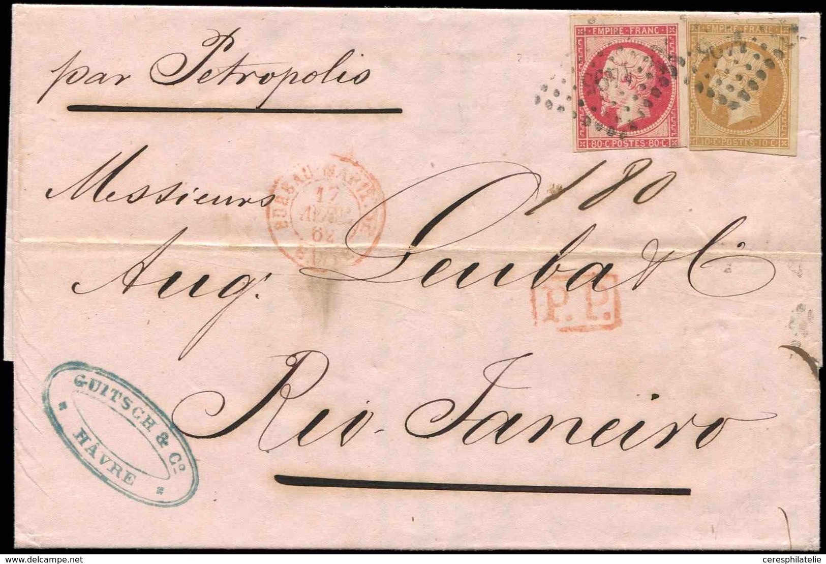 Let DESTINATIONS - N°13B Et 17A Touchés, Obl. PC 1495 Du HAVRE 17/4/62 S. LAC Pour RIO DE JANEIRO, TB - 1849-1876: Periodo Clásico