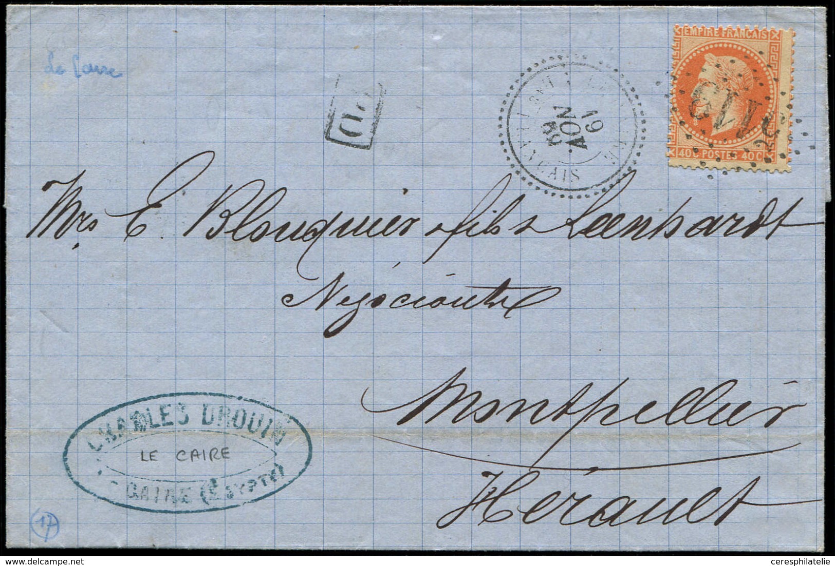 Let BUREAUX FRANCAIS A L'ETRANGER - N°31 Obl. GC 5119 S. LAC, Càd LE CAIRE 19/11/69 Et Arr. Montpellier 25/11, TB - 1849-1876: Periodo Classico
