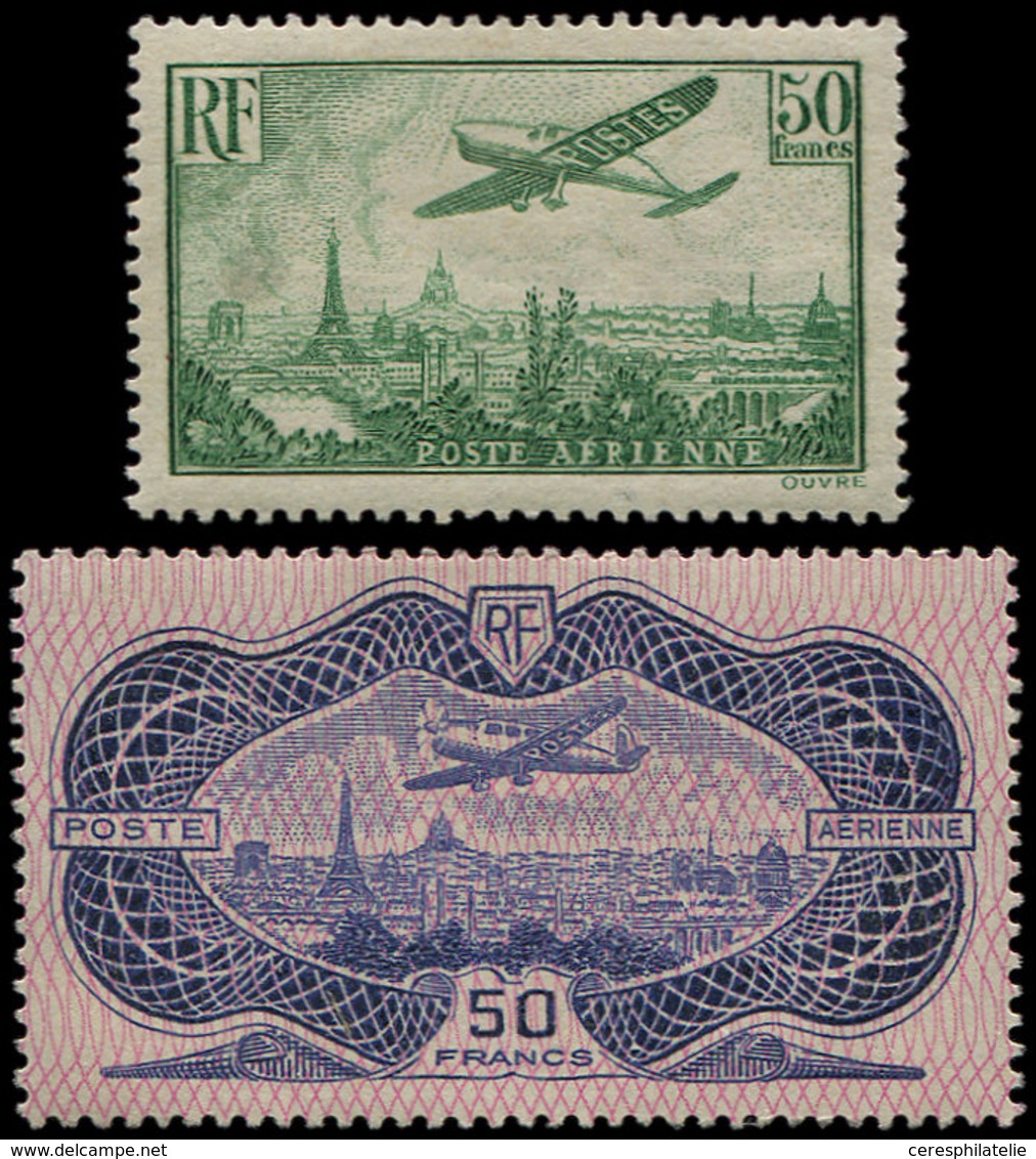 * POSTE AERIENNE - 14/15 50f. Vert-jaune Et 50f. Burelé, TB - 1927-1959 Neufs
