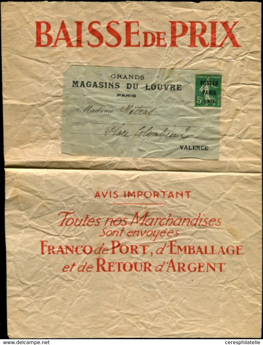 Let PREOBLITERES - 26   5c. Vert, POSTES PARIS 1921, Défx, Sur étiquette Collée Sur Bande Des Magasins Du Louvre, TB - 1893-1947