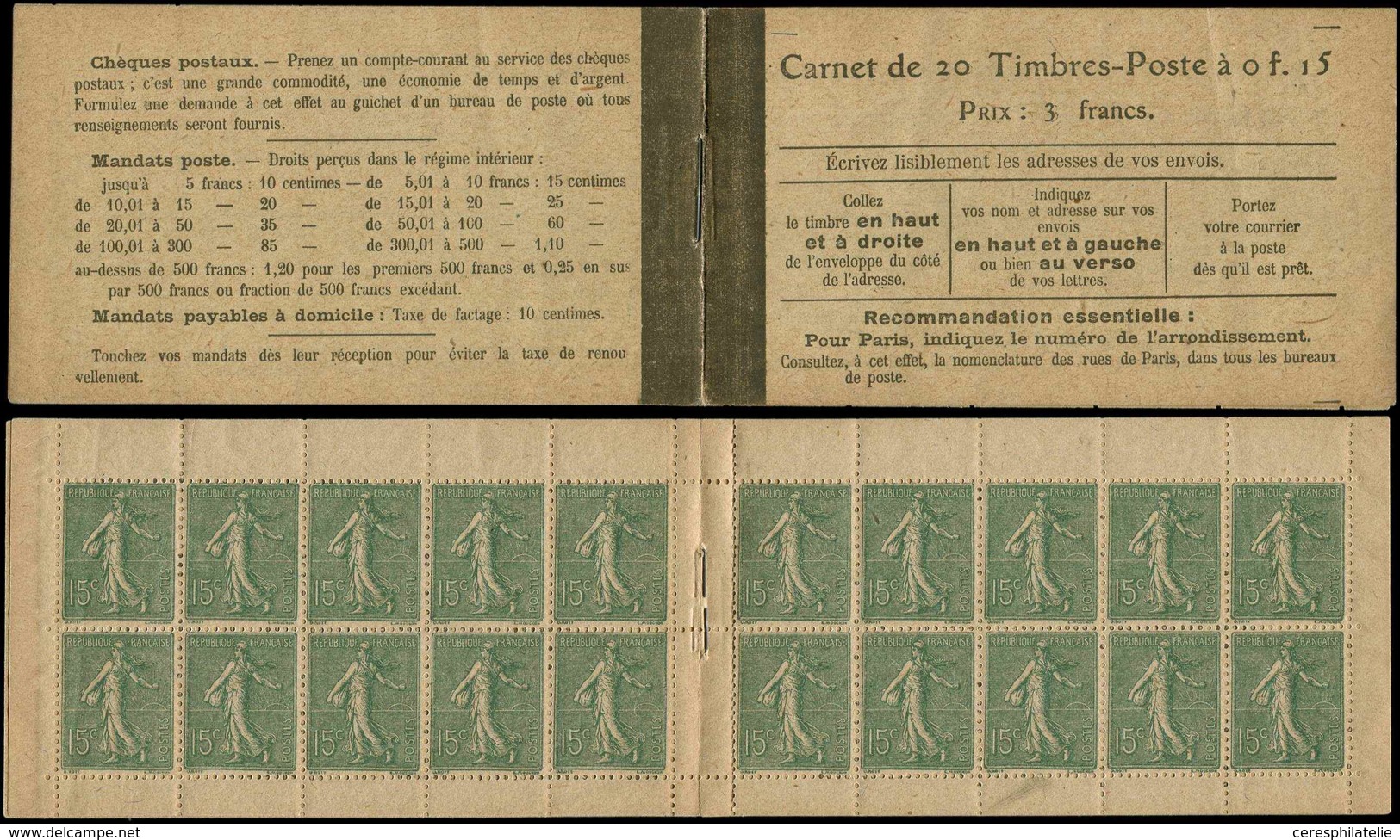 CARNETS (N°Cérès Jusqu'en1964) - 68   Semeuse Lignée, 15c. Vert-olive, N°130D, T V, Loi Du 30/12/1916, TTB - Sonstige & Ohne Zuordnung