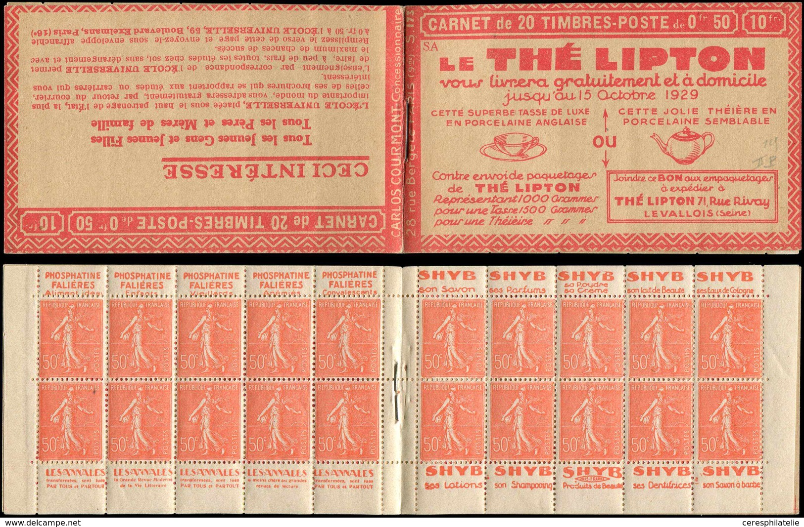 CARNETS (N°Cérès Jusqu'en1964) - 97   Semeuse Lignée, 50c. Rouge, N°199B, T IIB, S. 173-SA, LIPTON, TB - Altri & Non Classificati