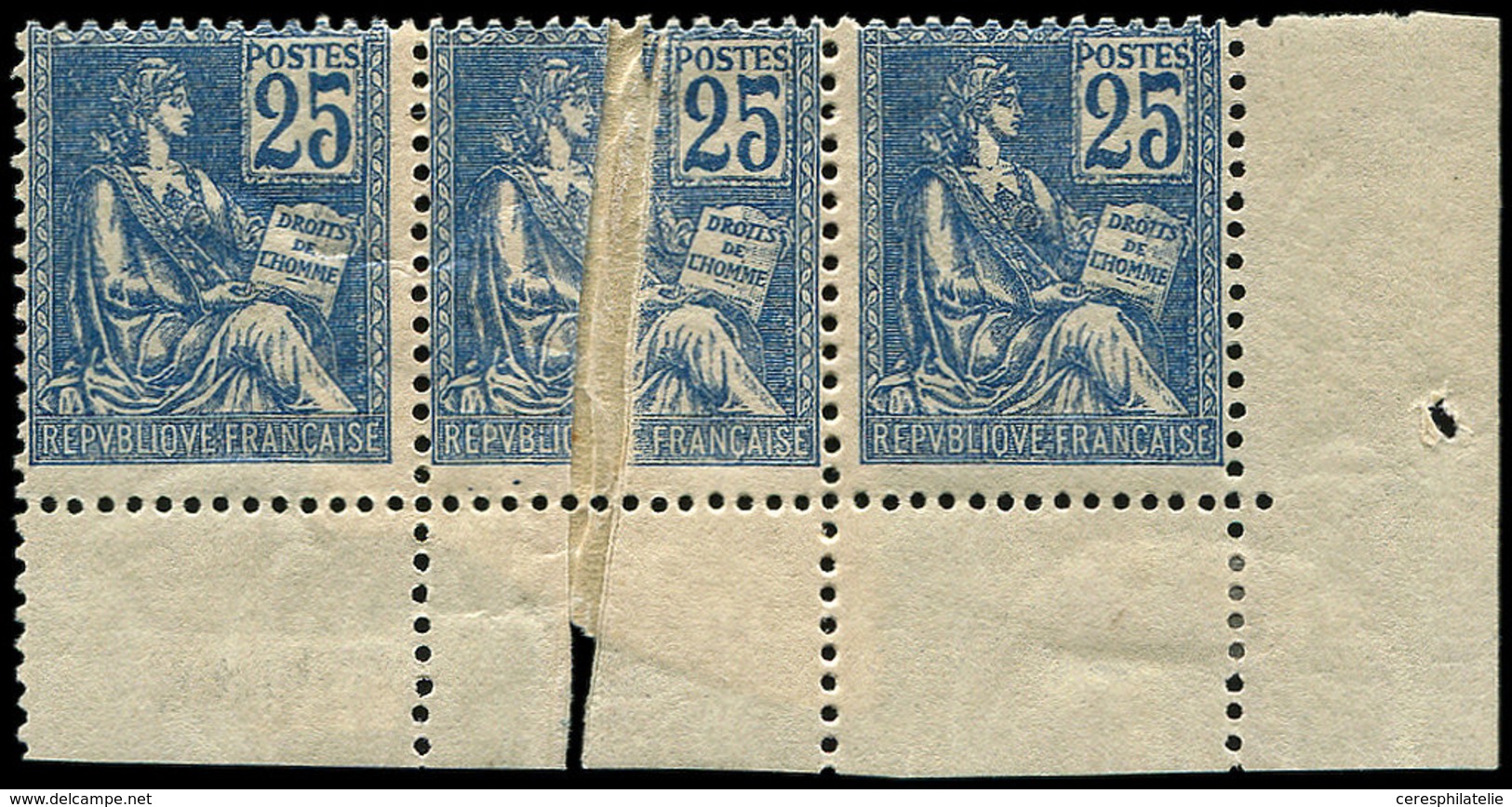 * VARIETES - 118   Mouchon, 25c. Bleu, PLI ACCORDEON Dans Une BANDE De 3 Cdf, Rare Et TTB. J - Nuovi