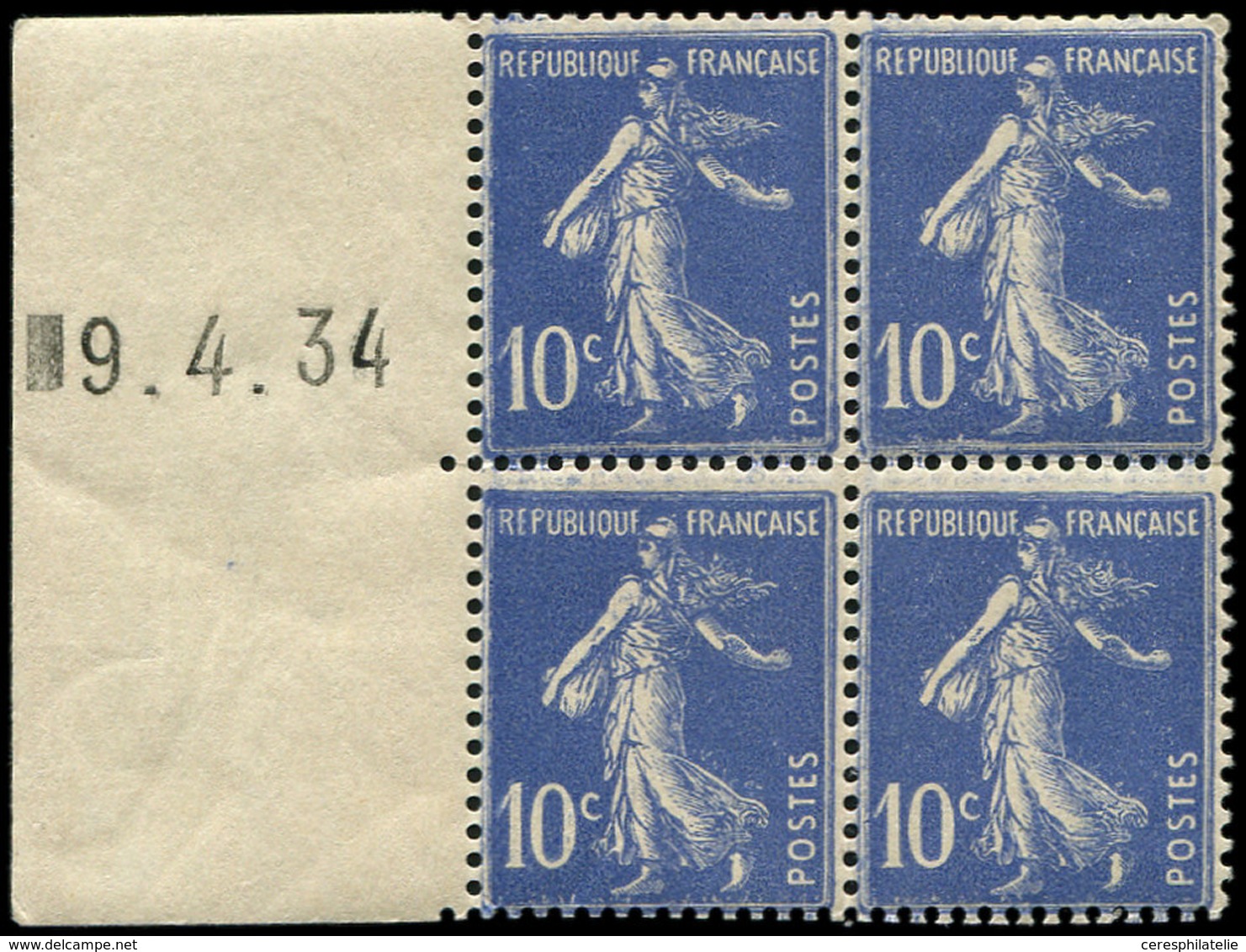 ** VARIETES - 279a  Emeuse Camée, 10c. Outremer, BLOC De 4, Bdf Gauche Daté 9/4/34, TB - Nuovi