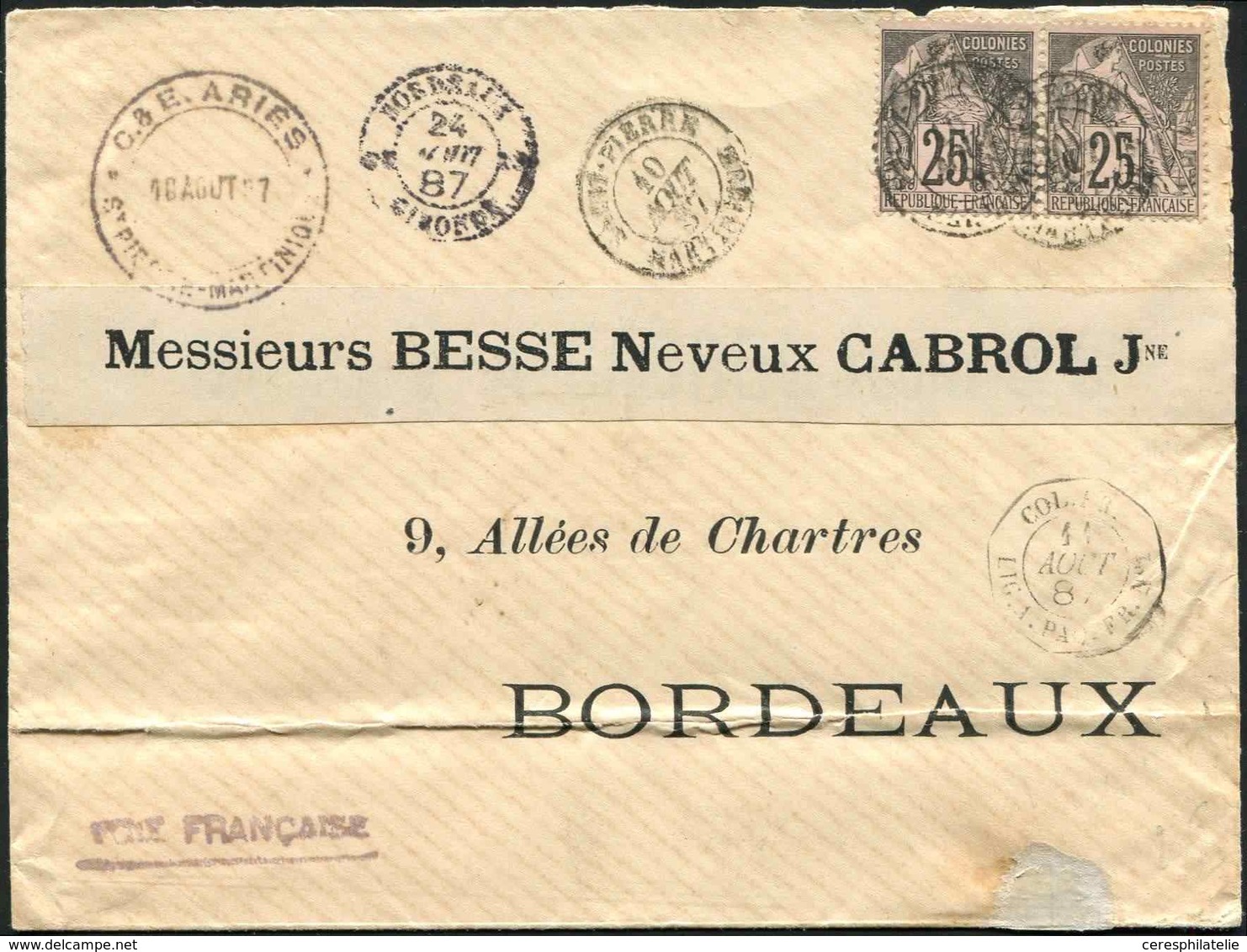 Let Colonies Générales - 54   25c. Noir S. Rose, PAIRE Obl. Càd St PIERRE MARTINIQUE 10/8/87 S. Env., Arr. Bordeaux 24/8 - Altri & Non Classificati