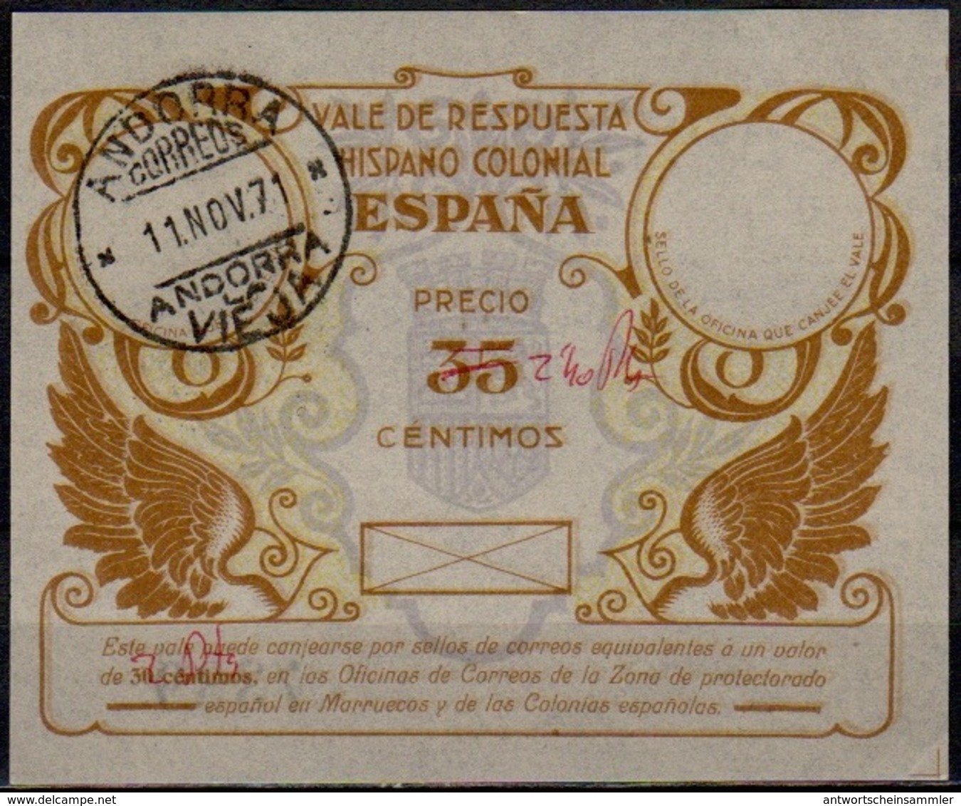 ANDORRA VALE DE RESPUESTA HISPANO COLONIAL ESPANA 2,40 / 35 CENTIMOS Reply Coupon Reponse Antwortschein O LA VIEJA 1971 - Covers & Documents