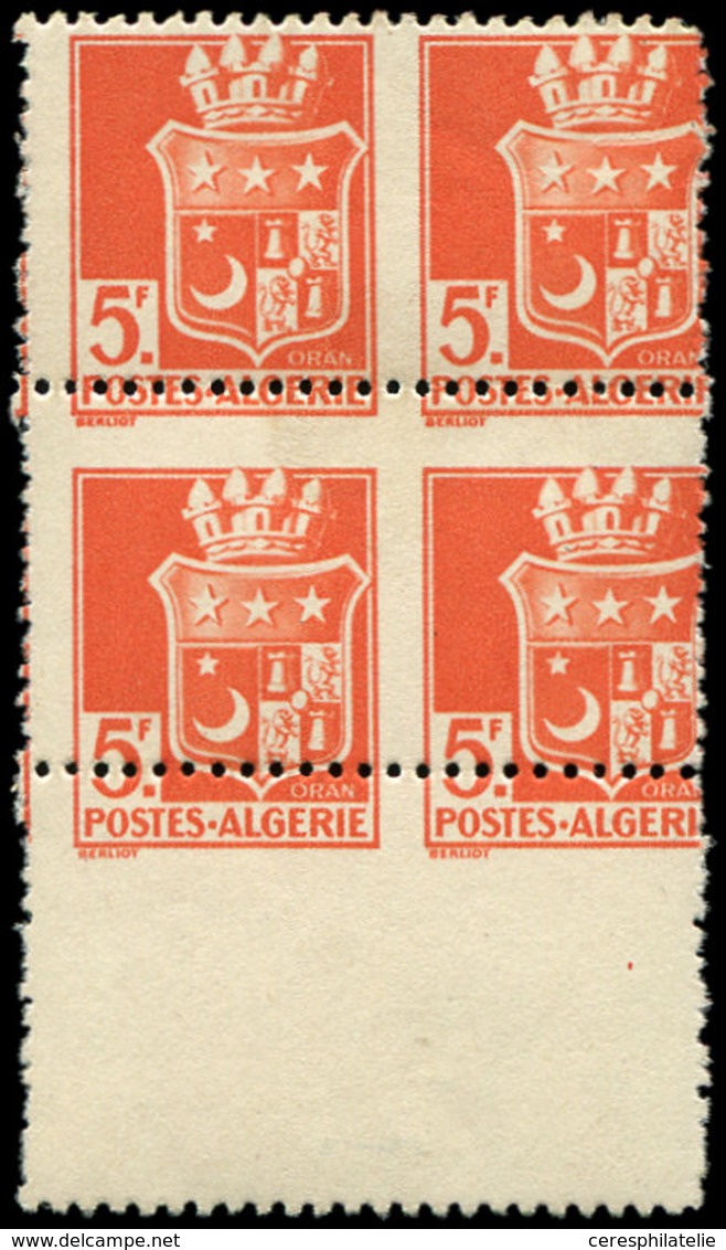 ** ALGERIE 197d : 5f. Rouge Orange, BLOC De 4 SANS Surcharge, Variété De PIQUAGE Spectaculaire, Paire Sup. *, TB - Other & Unclassified