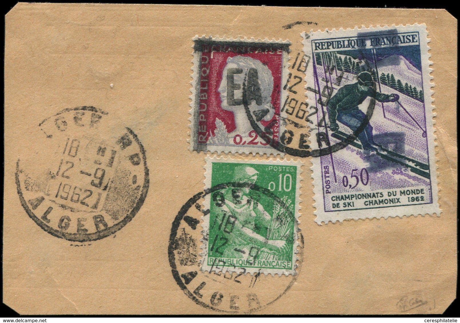 ALGERIE 355 + France N°1327 Surch. EA Manuellement Obl. Càd ALGER 12/9/62 Sur Fragt, TB. C - Other & Unclassified