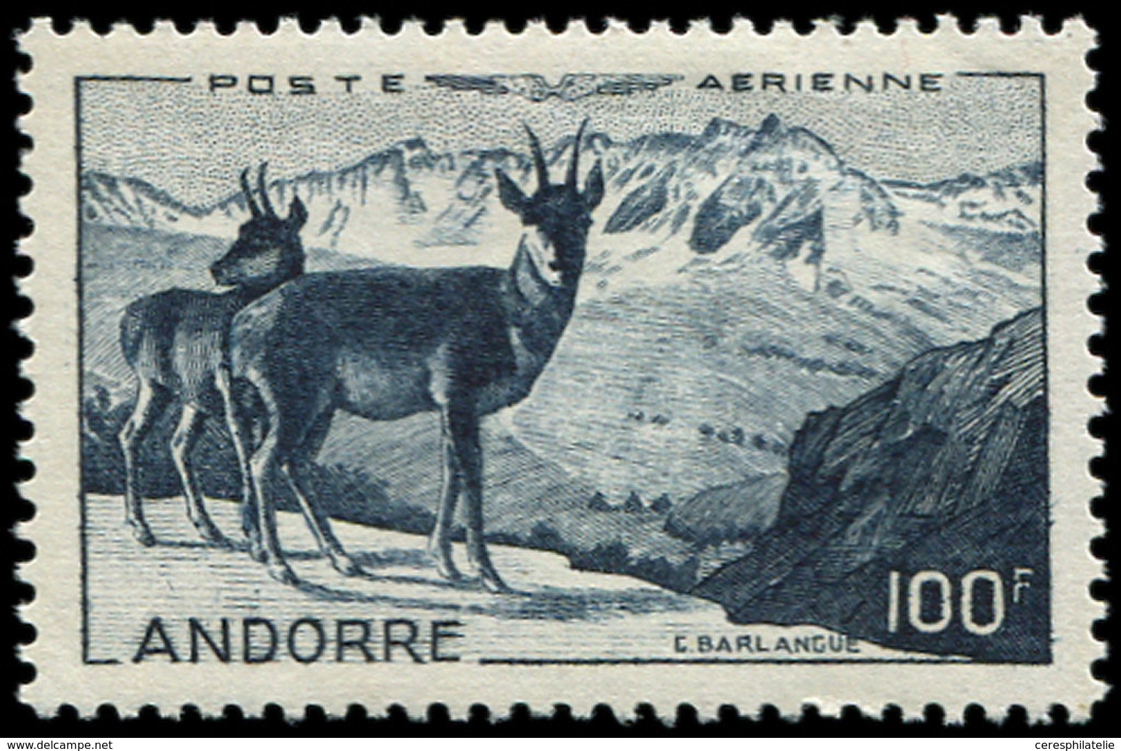 ** ANDORRE PA 1 : 100f. Bleu Ardoise, Isards, TB - Poste Aérienne