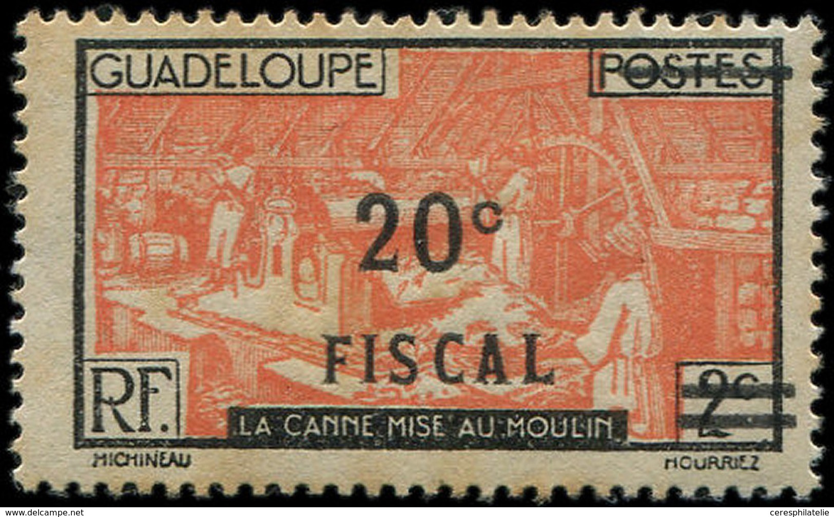 * GUADELOUPE Timbres Fiscaux Postaux 100 : Surch. Fiscale 20c. Sur 2c. Noir Et Vermillon, Rousseurs Habituelles, TB - Other & Unclassified