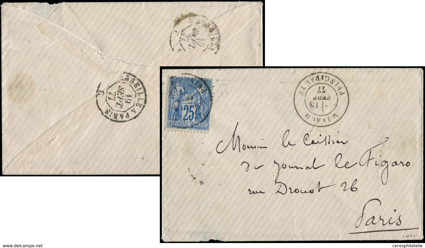 Let MONACO France N°79 25c. Bleu Obl. Càd T18 MONACO PRINCIPAUTE 18/9/77 Répété à Côté S. Env., Arr. PARIS 19/9, TB - ...-1885 Prephilately