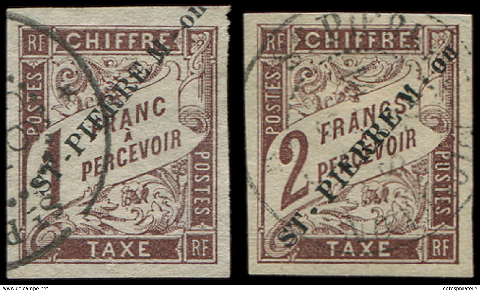 SAINT PIERRE ET MIQUELON Taxe 8/9 : 1f. Et 2f. Marron, Obl., TB. C - Postage Due