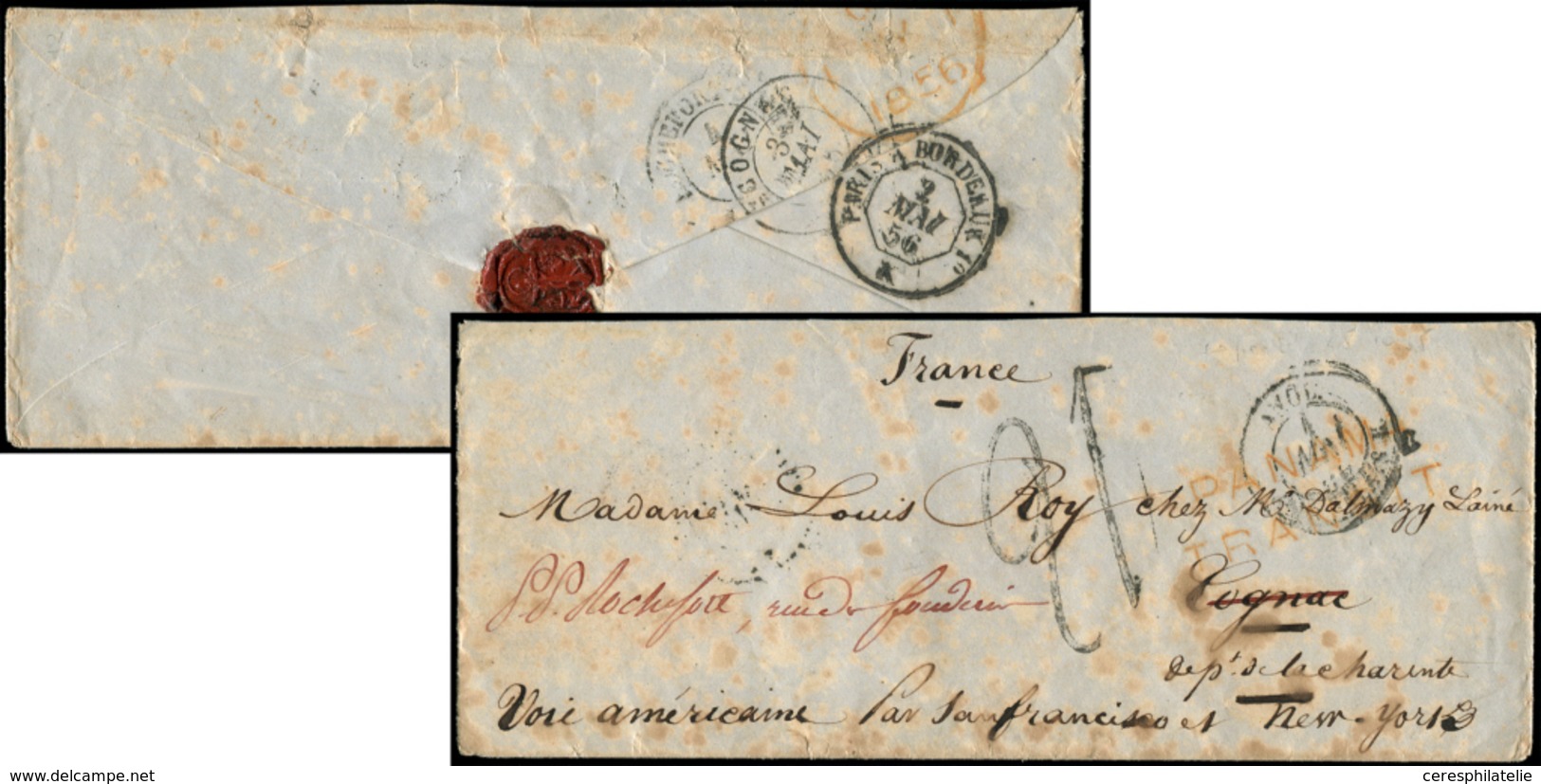 Let TAHITI LAC De Papeete 1855 Pour La France, Griffe Rouge "PANAMA/TRANSIT (T III), Mention Manus. "Voie Américaine Par - Other & Unclassified