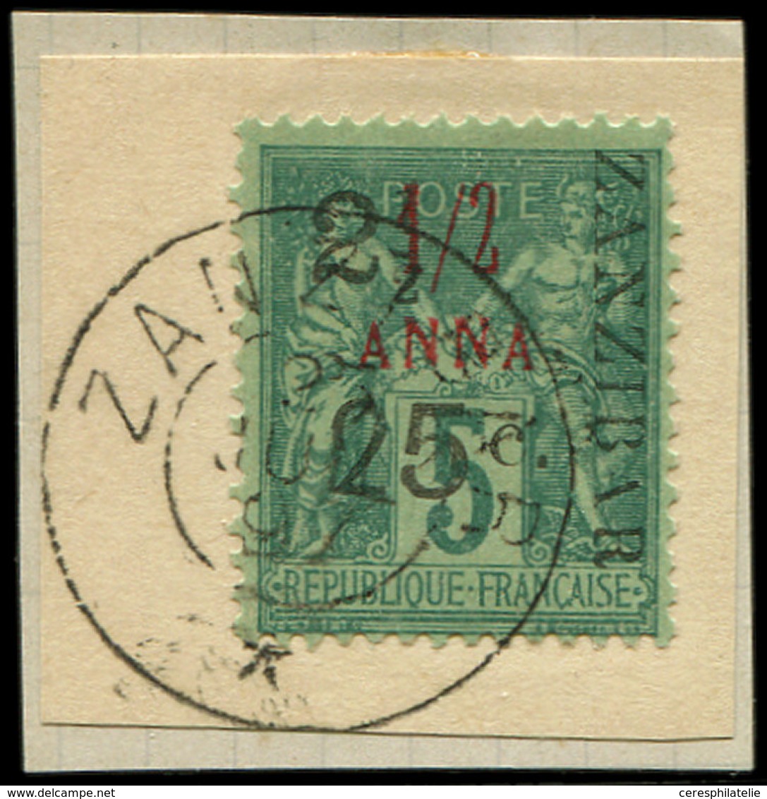 ZANZIBAR 32d : 2 1/2 Et 25c. Sur 1/2a. Sur 5c. Vert T IV, Obl. S. Fragt, TB, Cote Maury - Unused Stamps