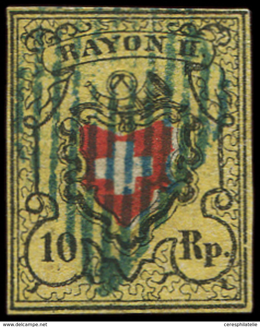 SUISSE 15 : 10Rp. Jaune, Noir Et Rouge, Obl. Grille Bleue, TB - 1843-1852 Federal & Cantonal Stamps