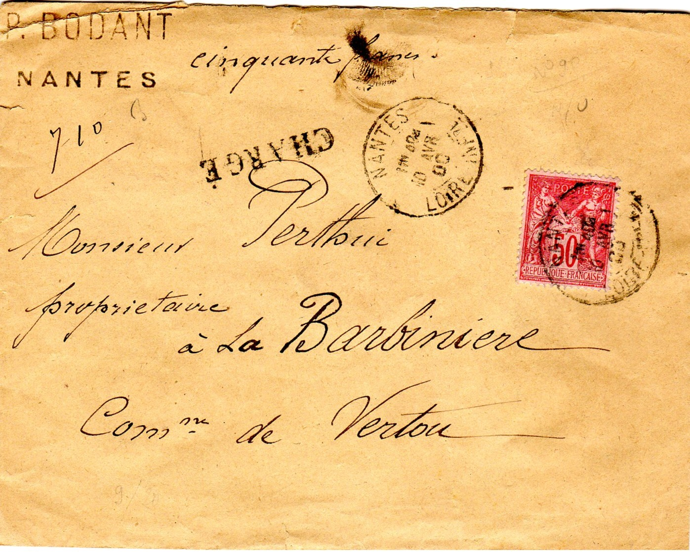 Sage  Lettre Chargée (50 F) à  50 C 10/04/01 Descriptif De Chargement 3006 - 1877-1920: Semi Modern Period