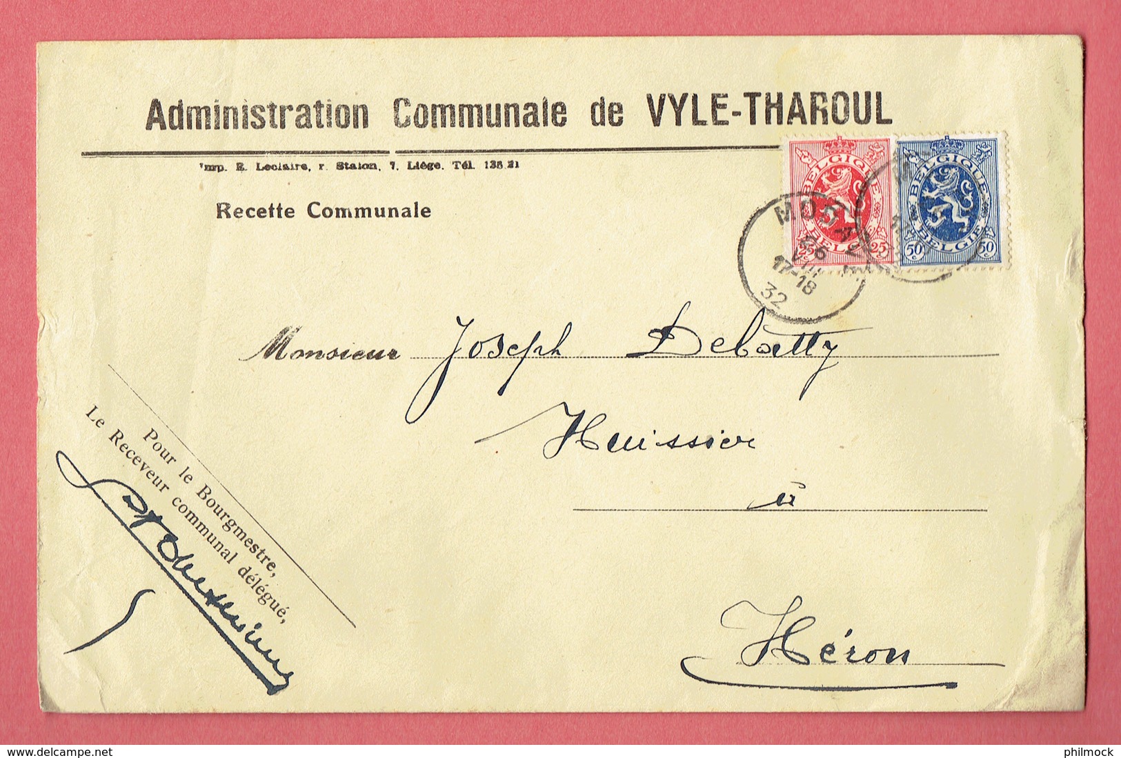 M-Lettre Adm Communale Vyle-Tharoul -182x118- Obl Modave Vers Héron Le 26-VIII-1932 Sur 282-285 - 1929-1937 Lion Héraldique