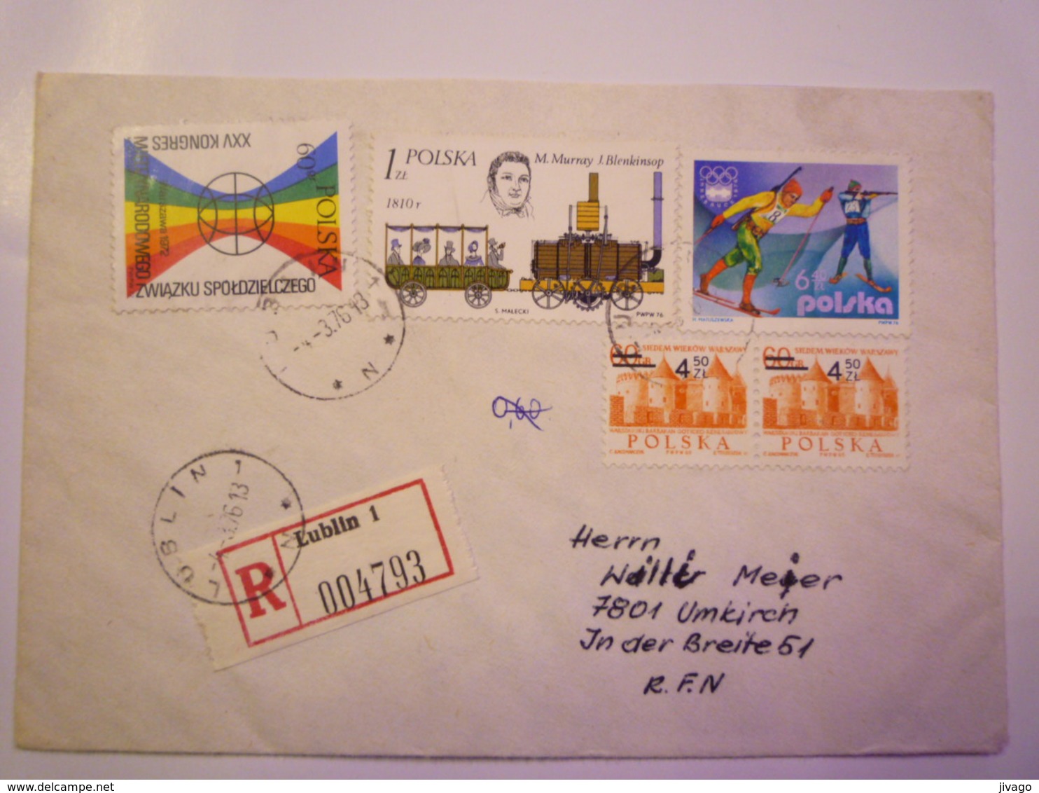 2019 (46)  LETTRE REC Au Départ De  LUBLIN 1  à Destination De  UMKIRCH   1976   - Storia Postale