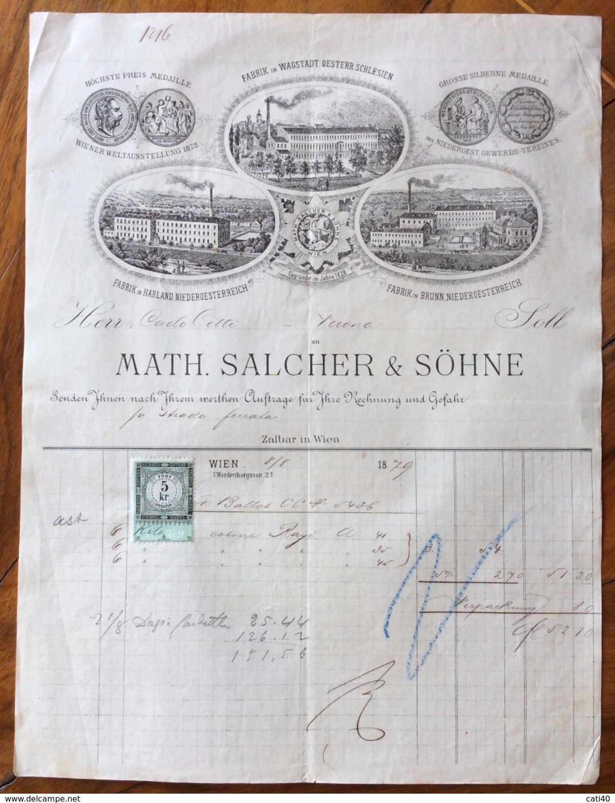 FATTURA PUBBLICITARIA  MATH.SALCHER & SOHNE   WIEN VIENNA  MODA ABBIGLIAMENTO COTONE   Del 8/8/1879  CON  MARCA DA BOLLO - Austria