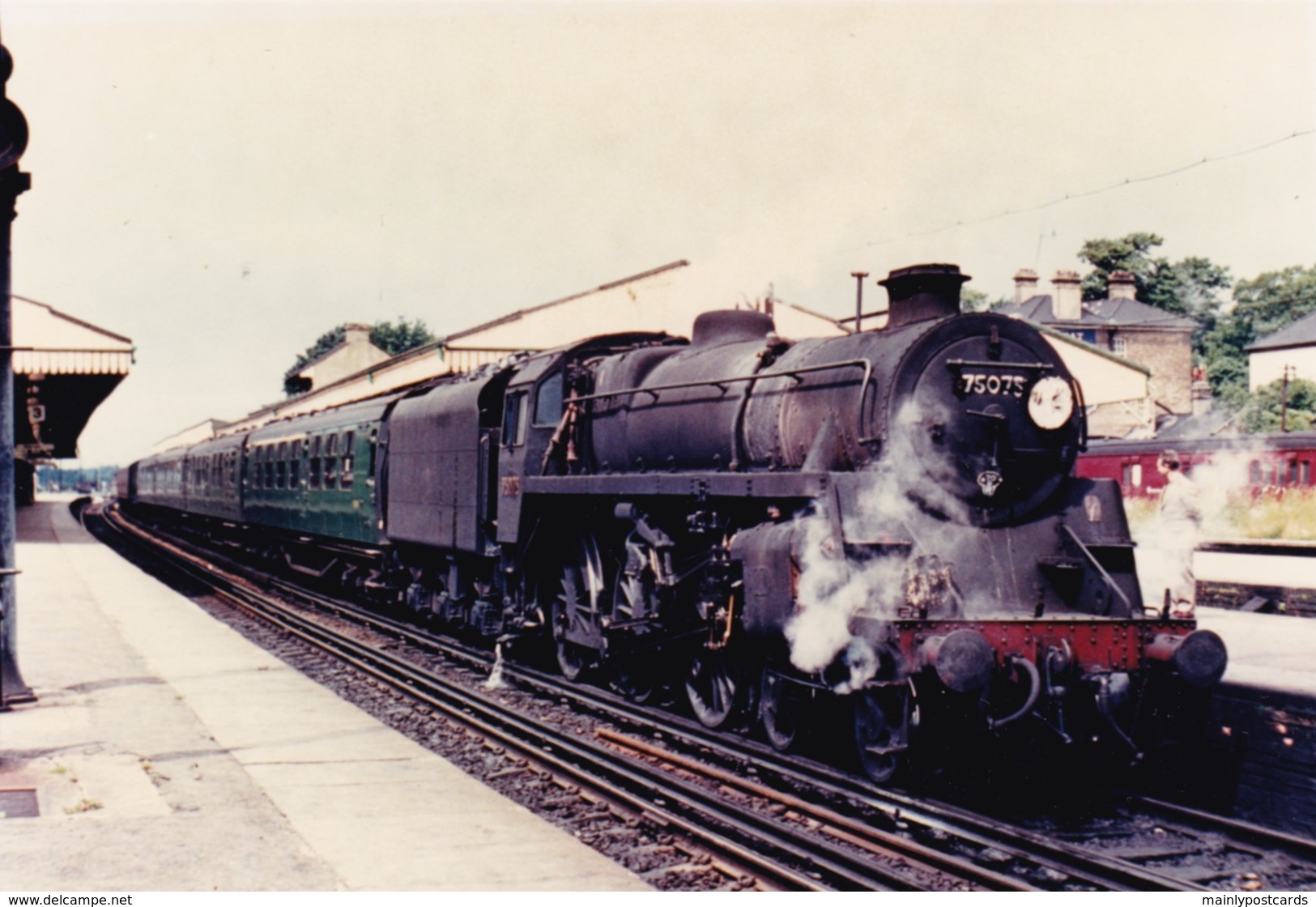 AL96 Railway Photograph - Steam Train At Station, Locomotive No. 75075 - Trains