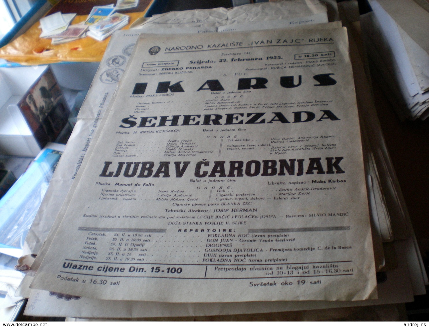 Old Poster Plakat Theater Narodno Kazaliste Ivan Zajc Rijeka Ikarus,Seherezada, Ljubav Carobnjak 1955 - Afiches