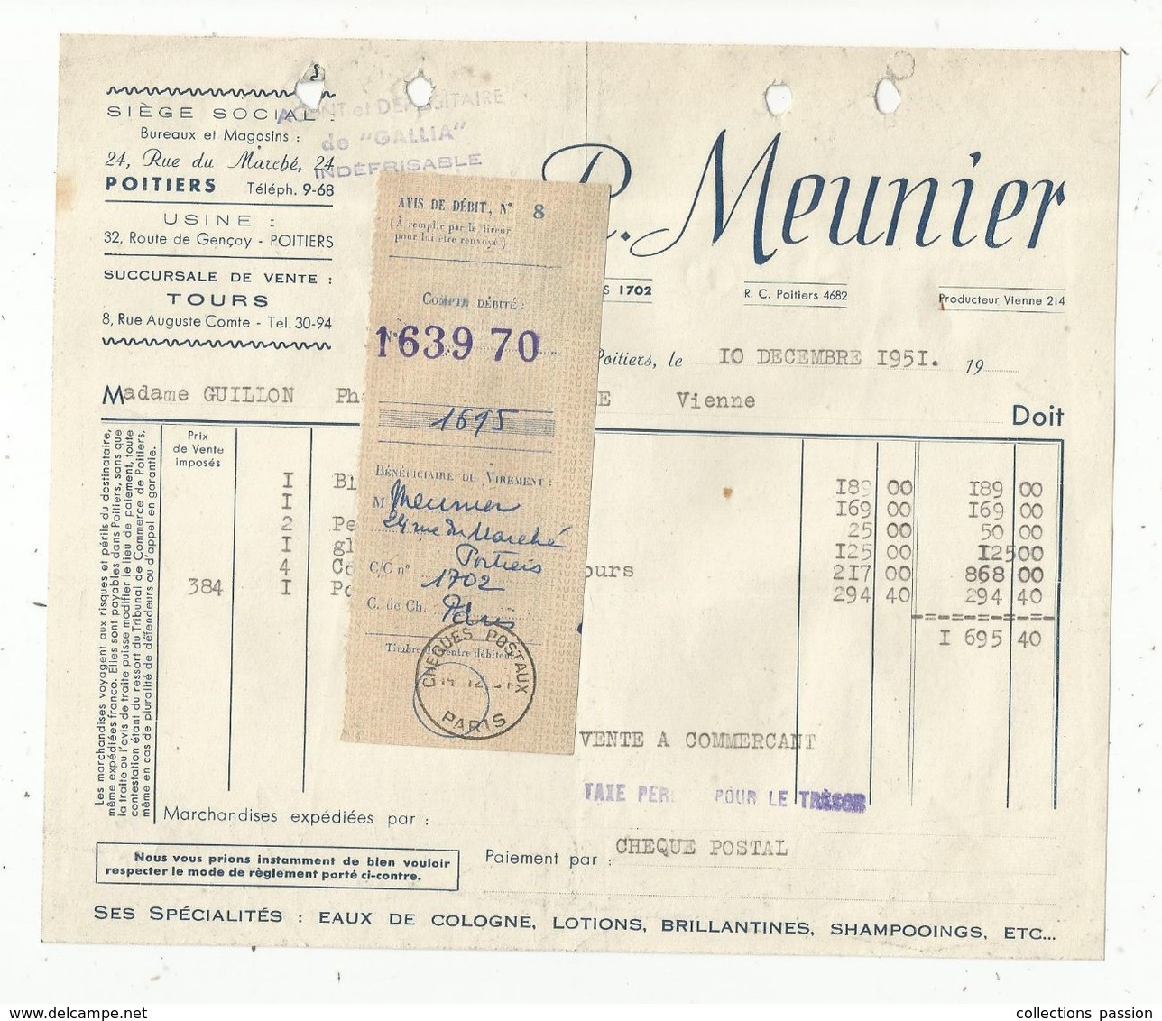 Facture D'avoir , 1951 , R.MEUNIER ,POITIERS ,Vienne , Succursale TOURS - 1950 - ...