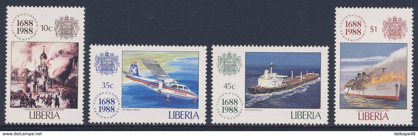 Liberia 1988 Mi 1435 /8 SG 1708 /11 ** 300th Ann. Lloyd's Of London : Royal Exchange, Airplane, Tanker, Liner - Liberia