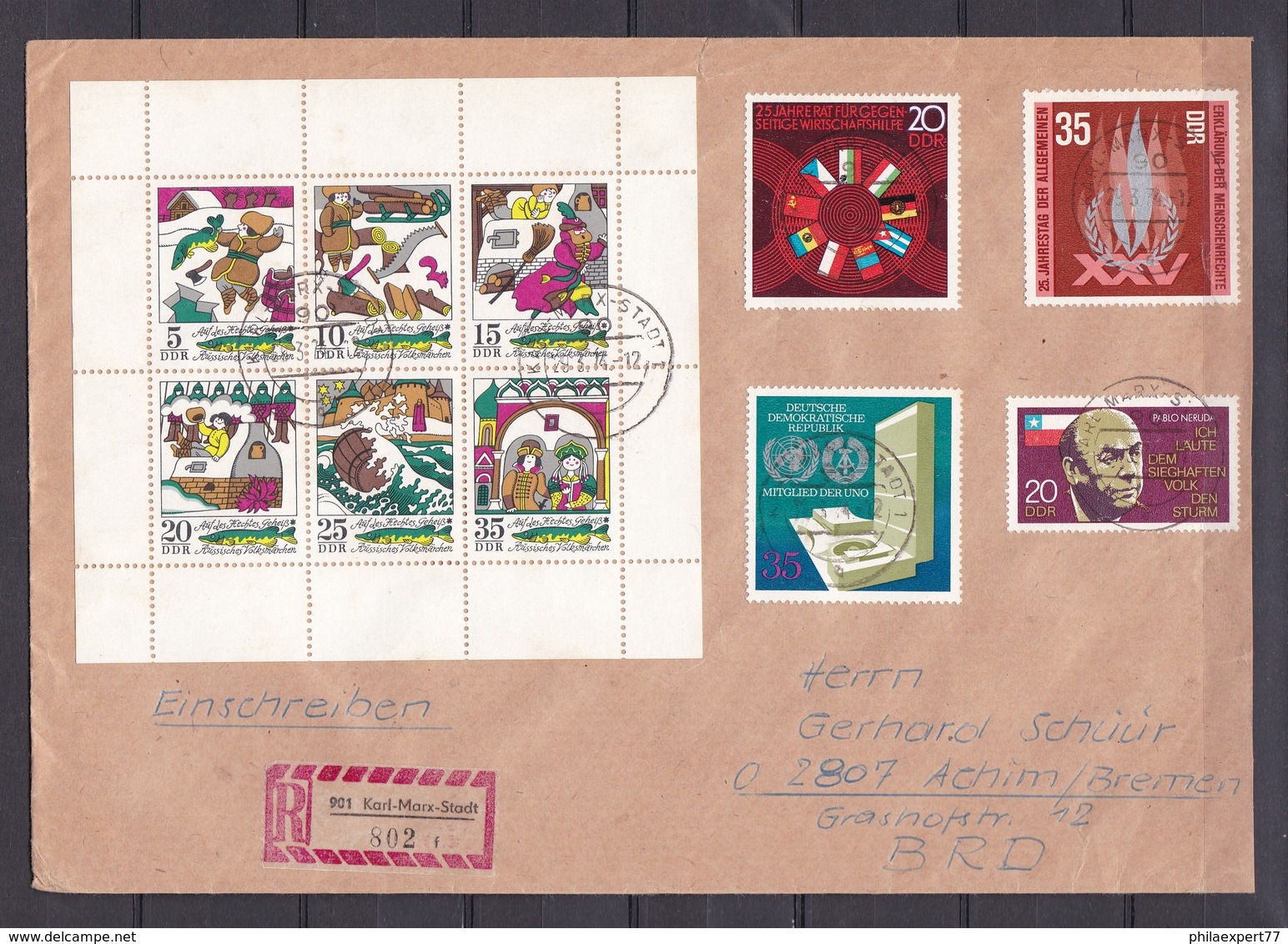 DDR - 1973/74 - Michel Nr. 1883+1898+1901/06+1918+1921 - Kleinbogen - Einschreiben - 27 Euro - Gebraucht