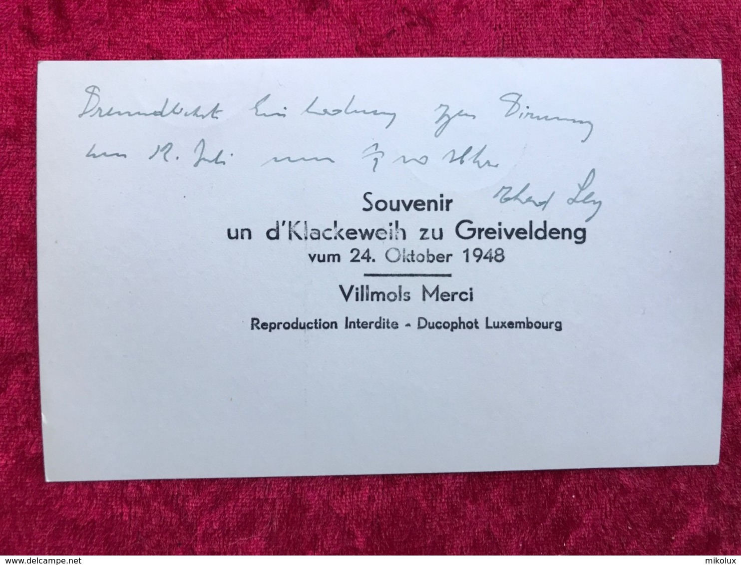 Luxembourg Greiveldange Souvenir Un D`Klackeweih 1948 . Fotokarte . - Autres & Non Classés