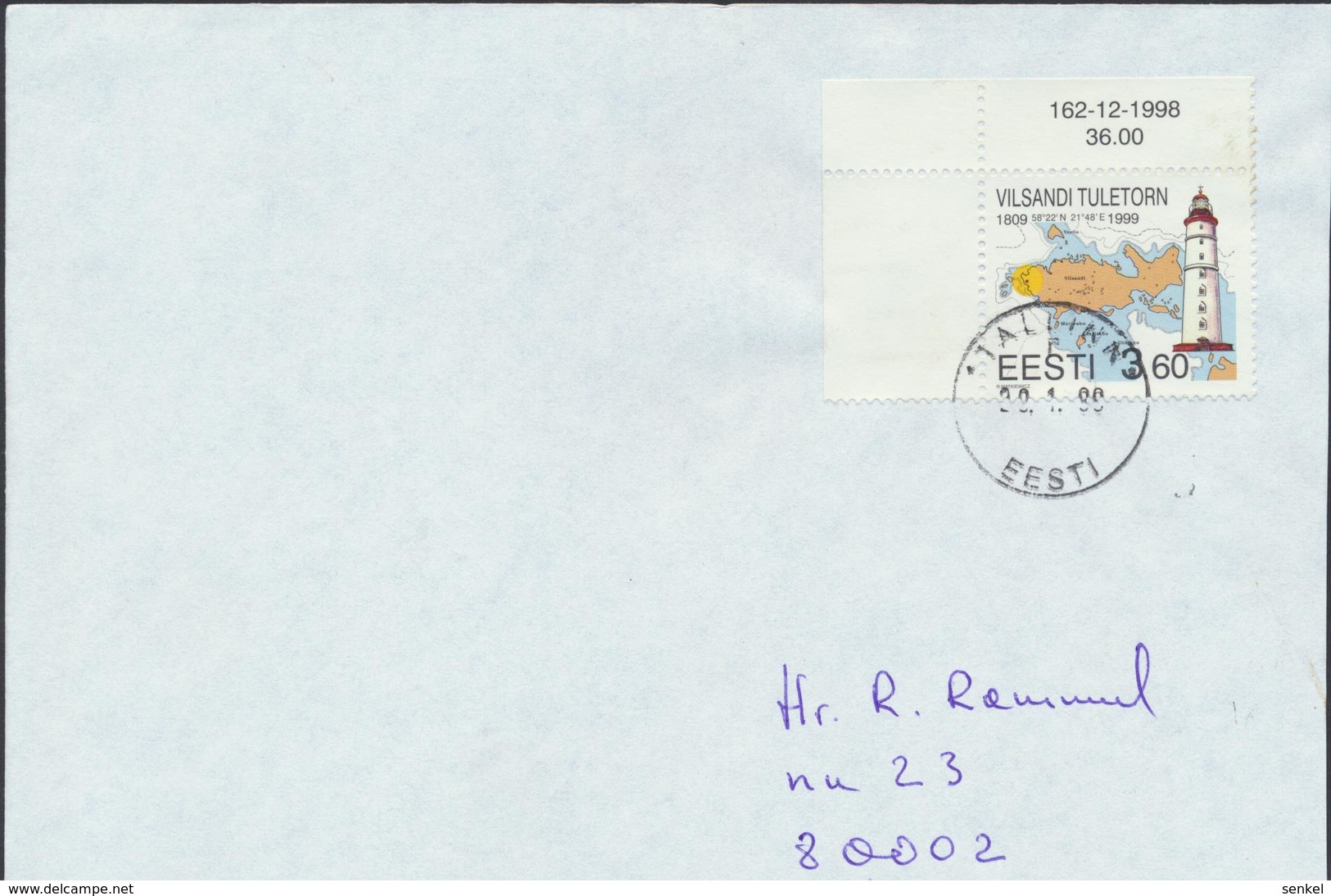 58-163 Estonia Tallinn Vilsandi Lighthouse FDC 20.01.1999 From Post  Arrival  Postmark - Estonie