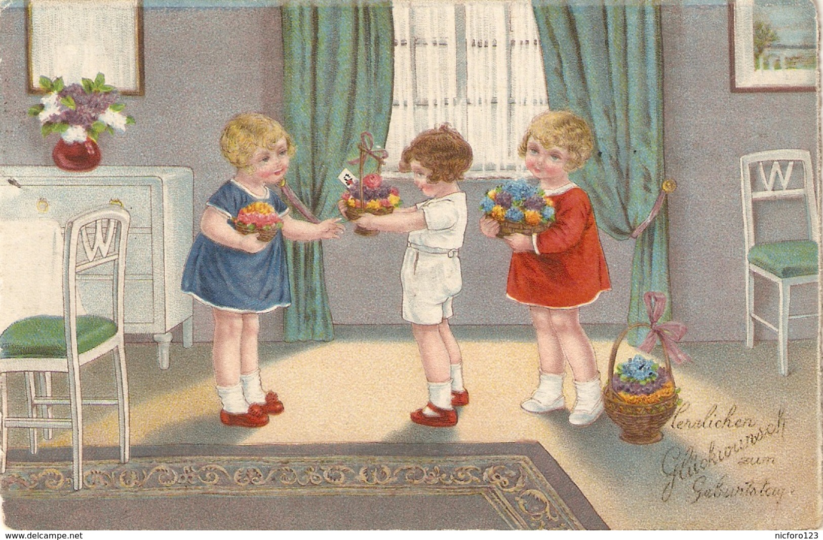 "Scene Of Litle Children Offering Flowers" Lovely Postard 1930/40s - Escenas & Paisajes