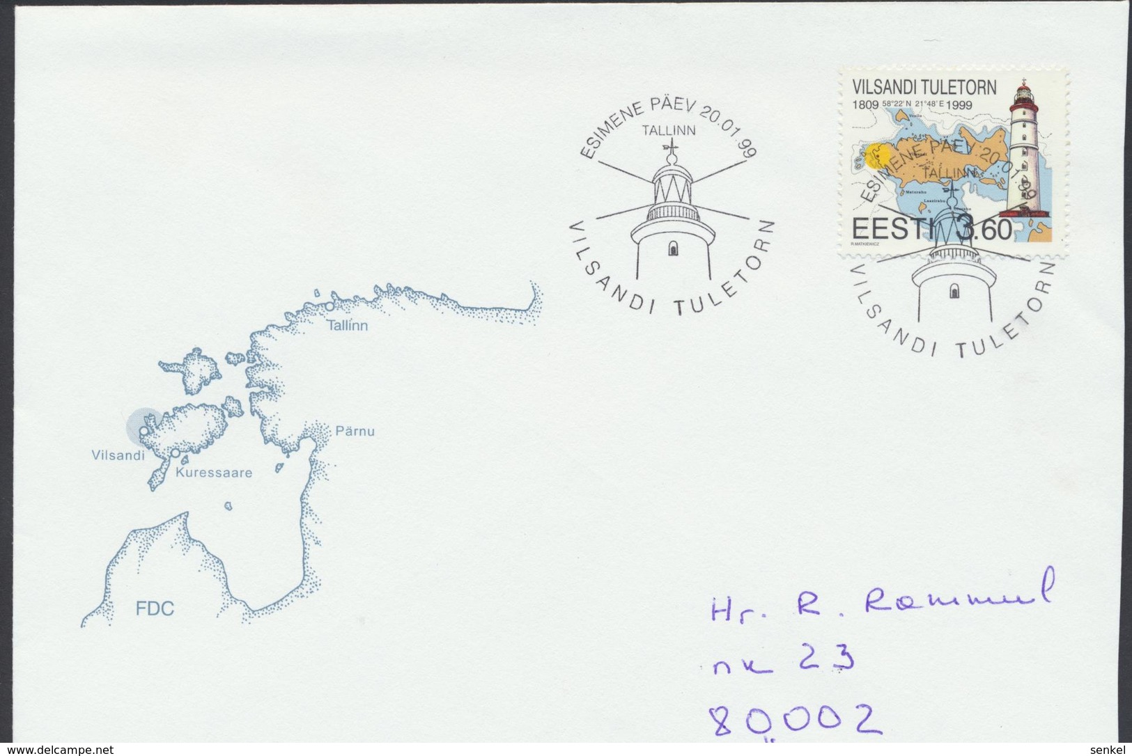 58-171 Estonia Vilsandi Lighthouse FDC 20.01.1999 From Post  Arrival  Postmark - Estonie