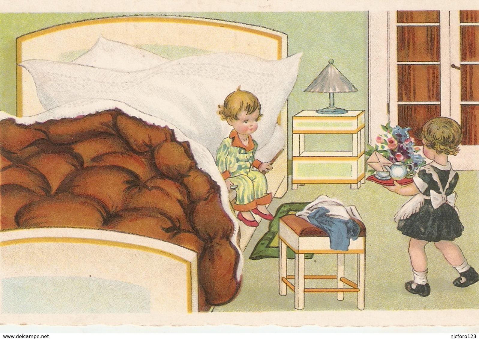 "Scene. Little Girl  Greetig Boy With.." Lovely Postard 1940s - Scènes & Paysages
