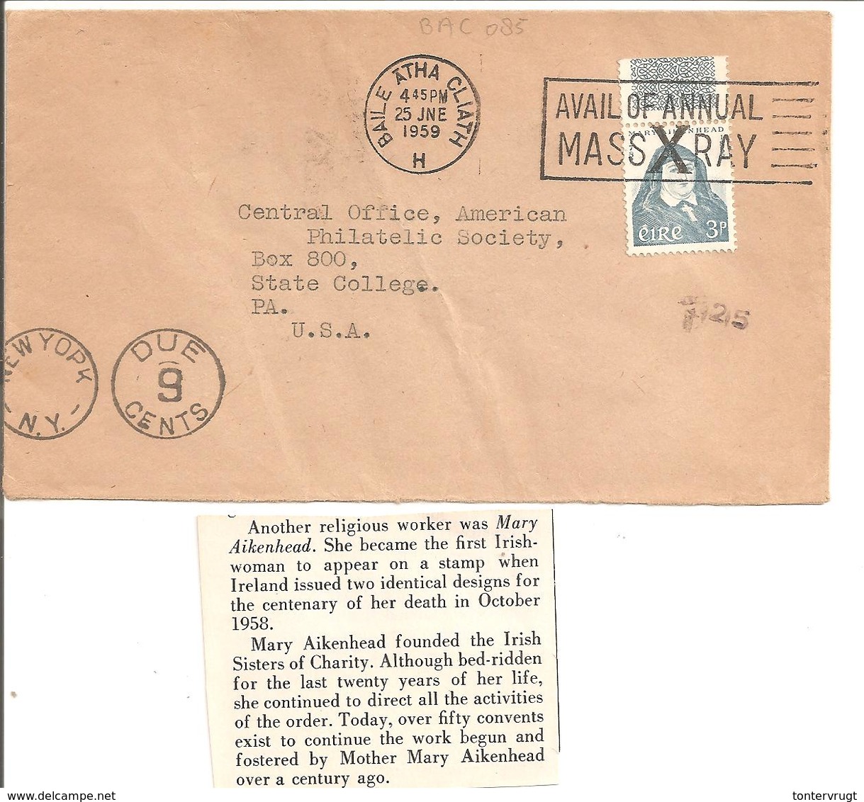 Eire. BAC 085. Avail Of Annual Mass-X Ray-Röntgen-Radiographie 1959.Postage Due 9 Cents New York - Lettres & Documents