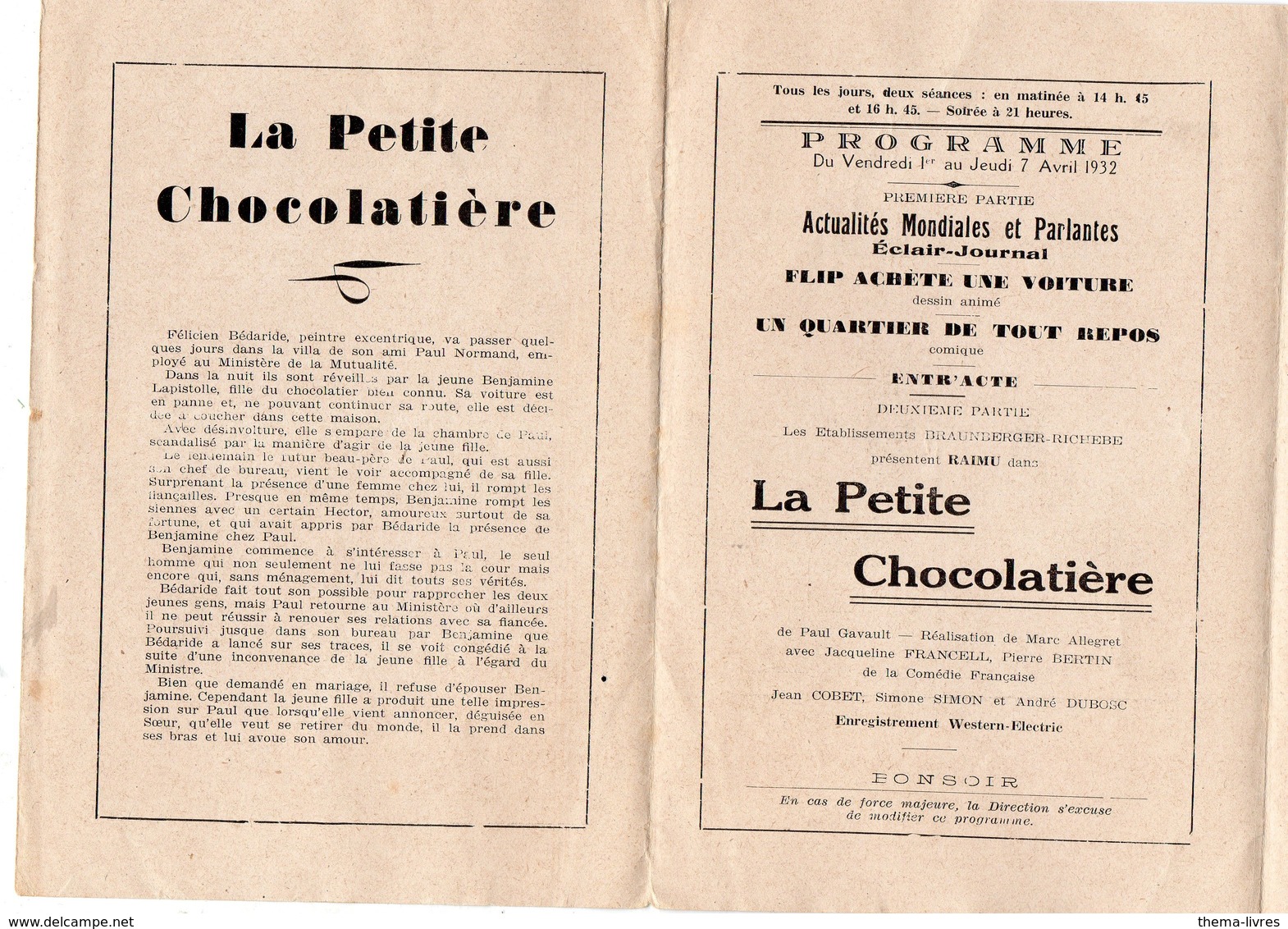 (cinéma),Bordeaux (33 Gironde): Programme 1932 CINEMA INTENDANCE "la Petite Chocolatière" Avec Raimu (PPP10134) - Programma's
