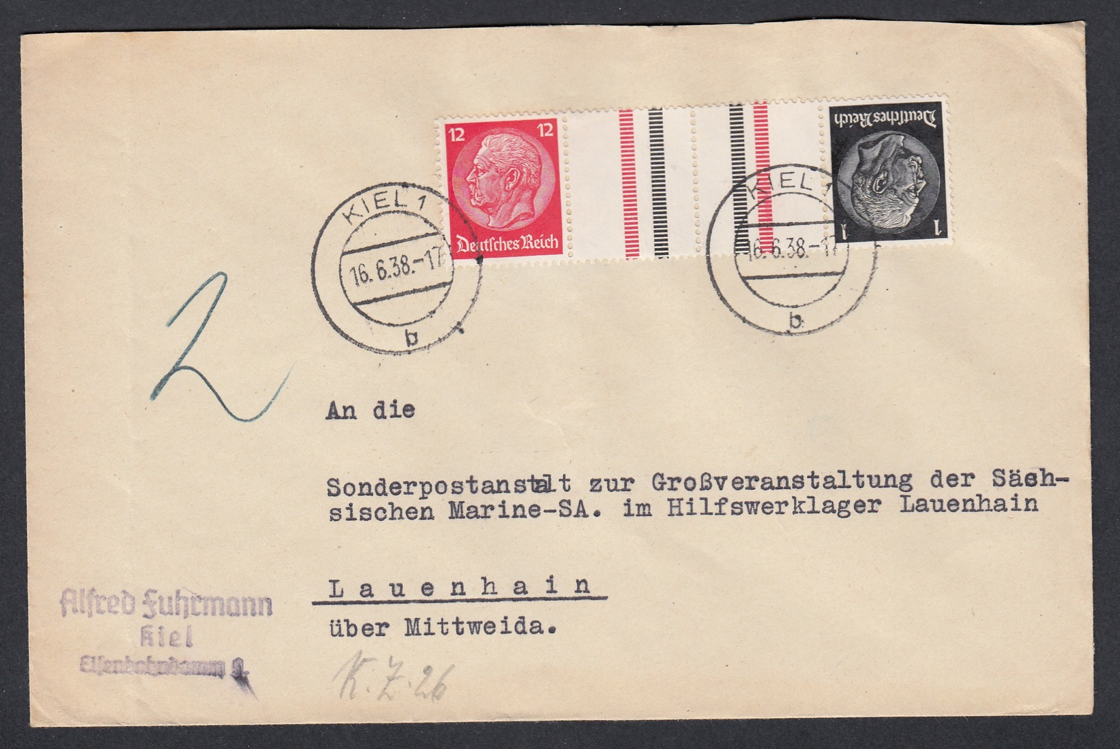 Deutsches Reich Brief 1938 Kiel Lauenhain Zusammendruck KZ24 Lot 149D - Sonstige & Ohne Zuordnung