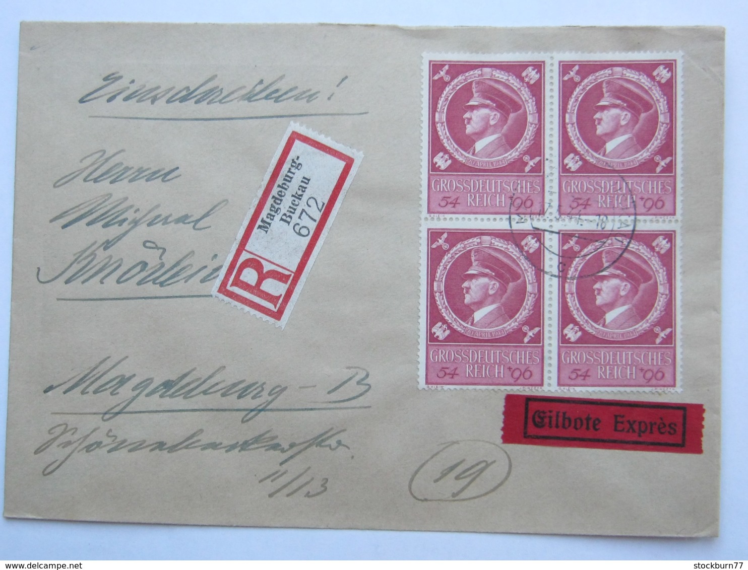 1944 ,  54 Pfg. Im 4er- Block Auf Einschreiben Eilbrief Aus Magdeburg - Briefe U. Dokumente