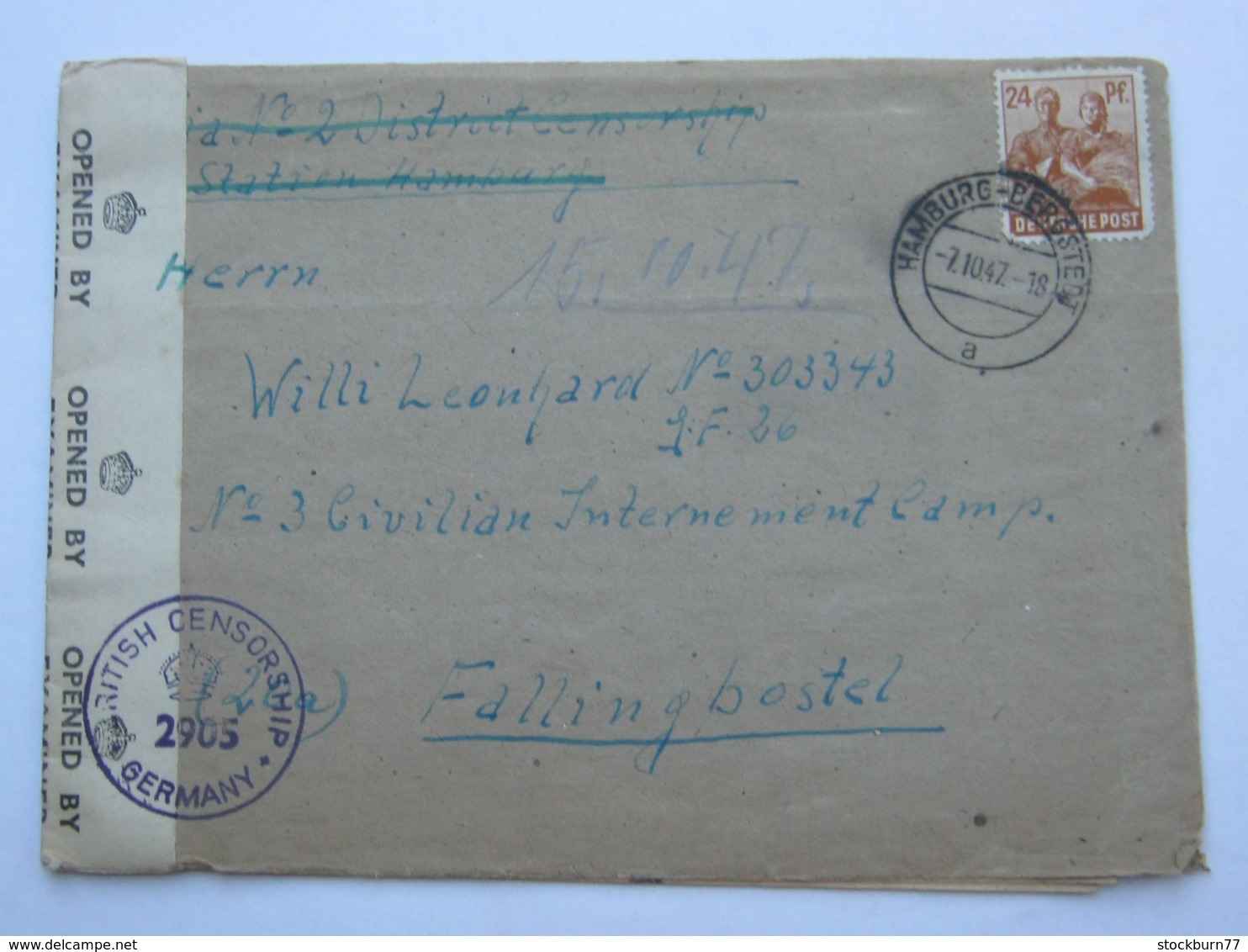1947 , Internierten Lager Fallingbostel , Brief Aus Hamburg Mit Zensur - Sonstige & Ohne Zuordnung