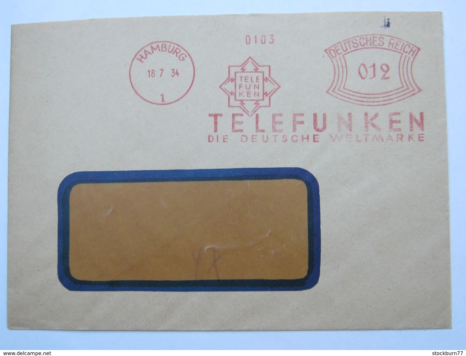 1934 , Hamburg . Telefunken Radio   ,  Firmen Freistempel  Auf Brief - Briefe U. Dokumente