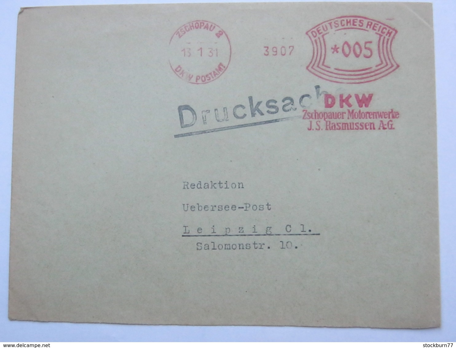 1931 , ZSCHOPAU  , DKW  , KFZ  , Firmen Freistempel  Auf Brief - Briefe U. Dokumente