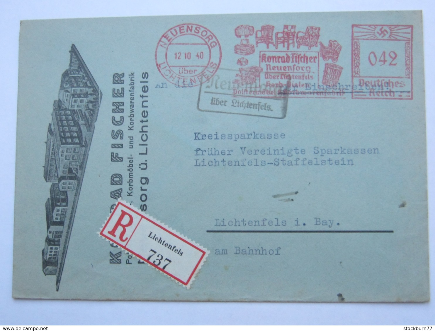 1940 , NEUENSORG  über Lichtenfels Firmen Freistempel  Auf Brief Als Einschreiben - Briefe U. Dokumente