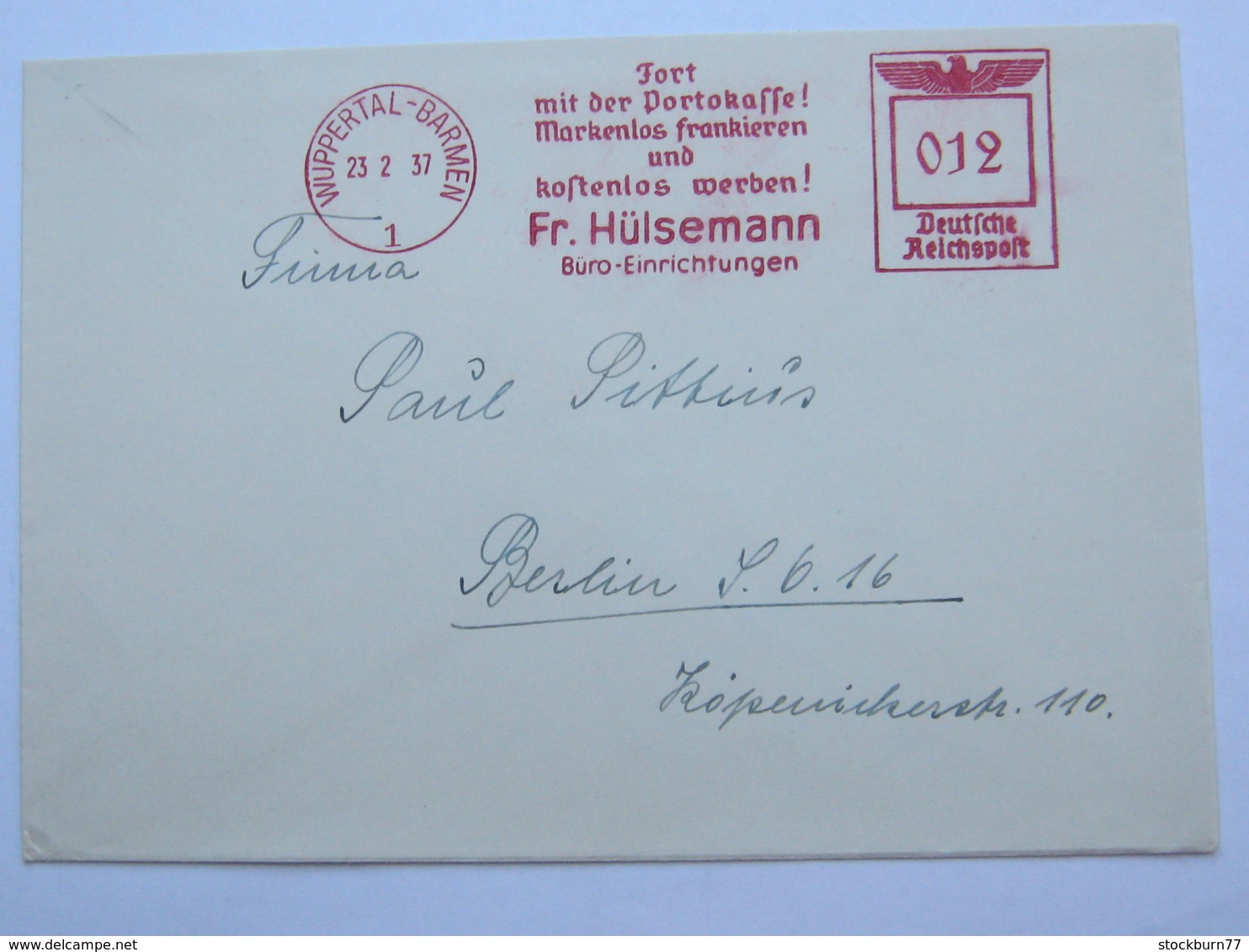 1937 , WUPPERTAL ,  Francostempel - Markenlos Frankieren, Firmen Freistempel  Auf Brief - Briefe U. Dokumente