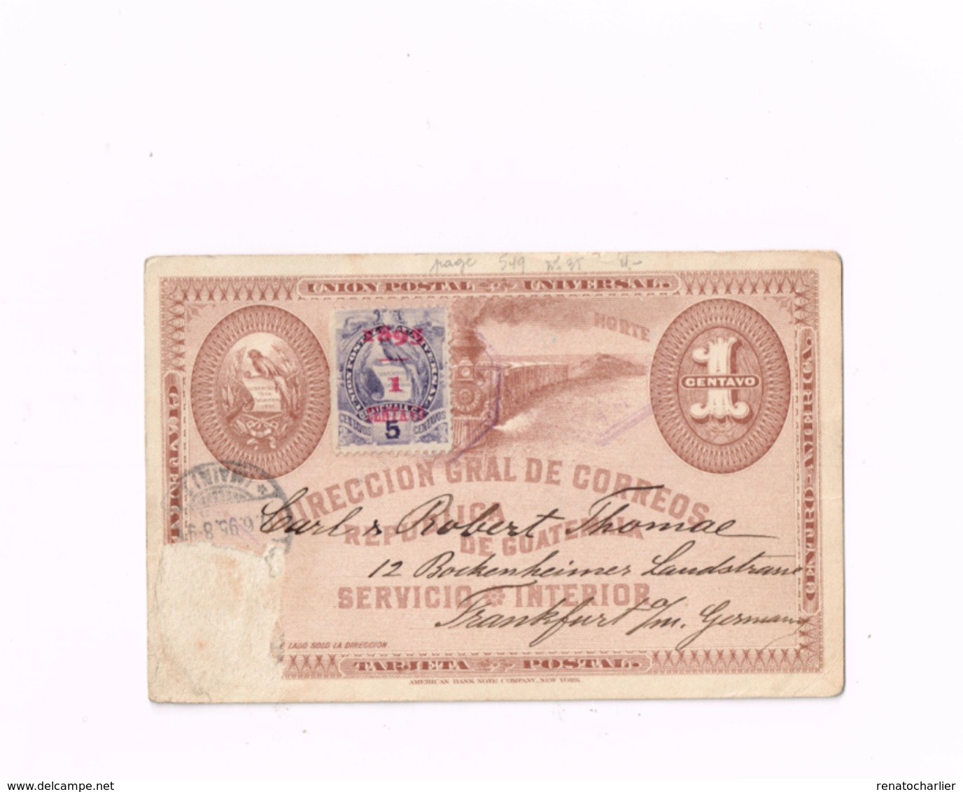 Entier Postal à 1 Centavo. Expédié à FRankfurt/Main (Allemagne) - Guatemala