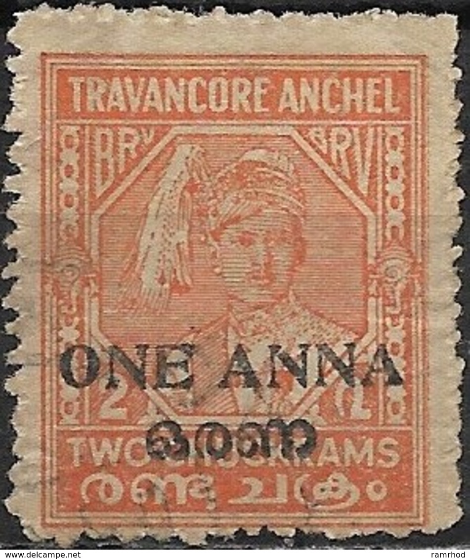 TRAVANCORE-COCHIN 1949 Maharaja Bala Rama Varma XI Surcharged - 1a.on 2ch - Orange FU - Travancore-Cochin