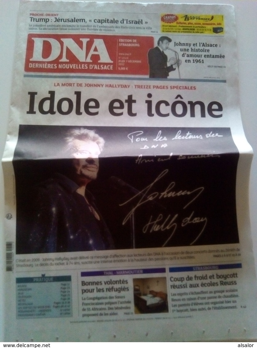 Journal DNA Dernières Nouvelles D' Alsace Johnny Hallyday Du 7 Décembre 2017 - 1950 à Nos Jours